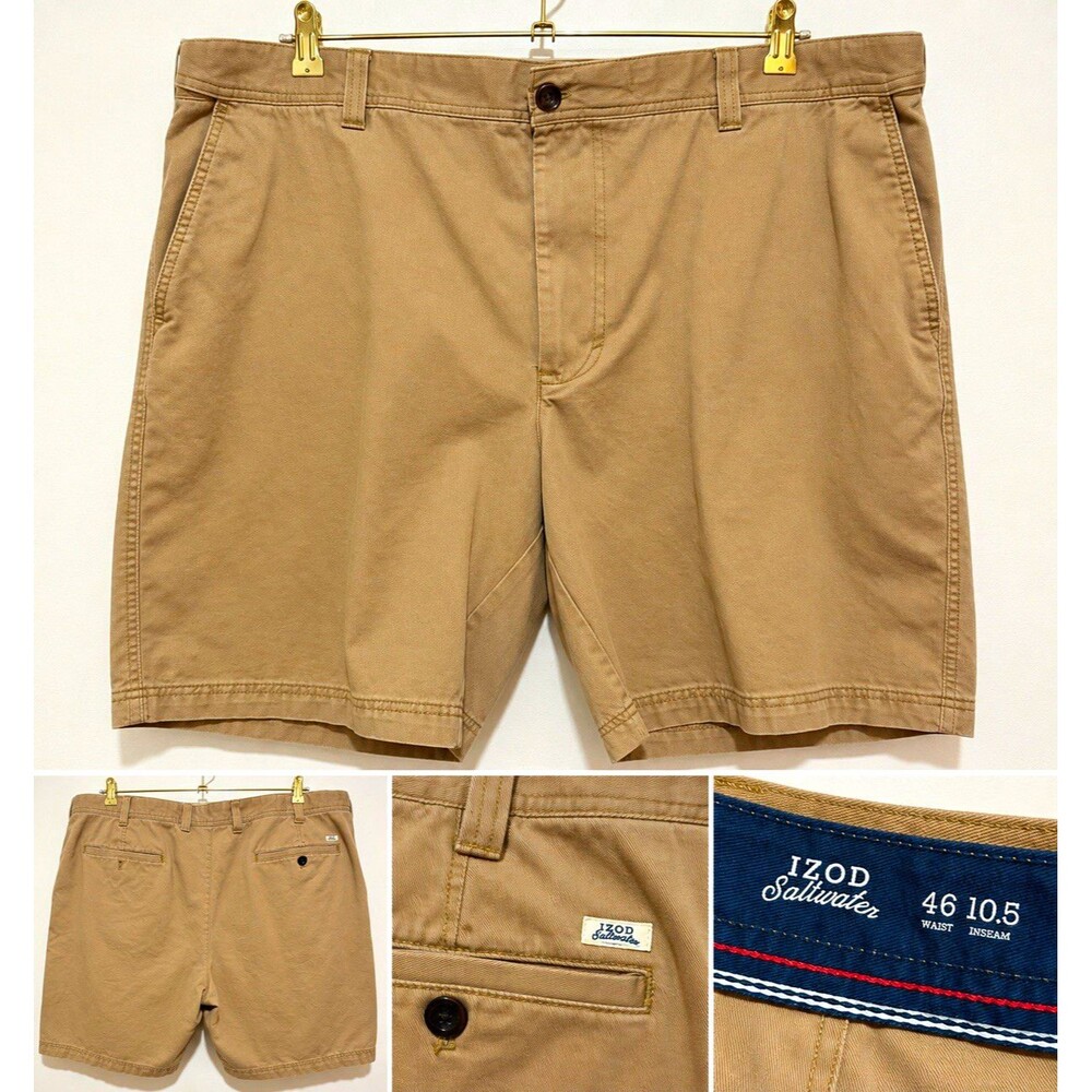 IZOD Saltwater Beige Solid Chino Shorts Flat Front Cotton Slash Pockets 46